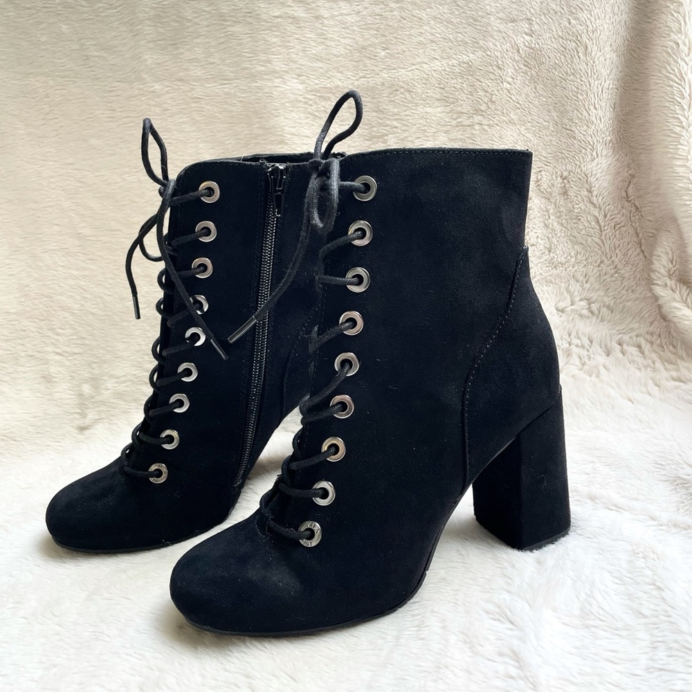 Black Faux Lace Zip Up Boots